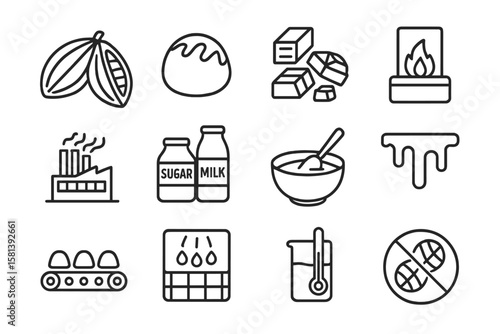 Chocolate production and dessert line icon set with cocoa beans, truffle, chocolate types, roasting, factory, ingredients, manufacturing steps, allergy-friendly options.