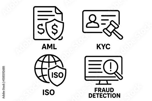 Corporate compliance and risk management line icon set. Vector symbols for AML, KYC, ISO, and fraud detection. Business finance law, data privacy, and legal regulation.