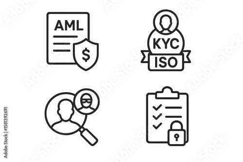 Corporate compliance line icon set. AML, KYC, ISO standards symbols. Risk management, fraud detection, data privacy, and financial law regulation vector illustration collection.
