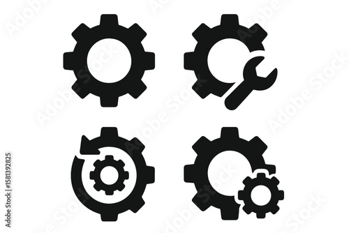 Set of 4 black vector glyph icons of gears and settings, including cogwheel, wrench, optimization, system update, configuration, maintenance, and automation concept