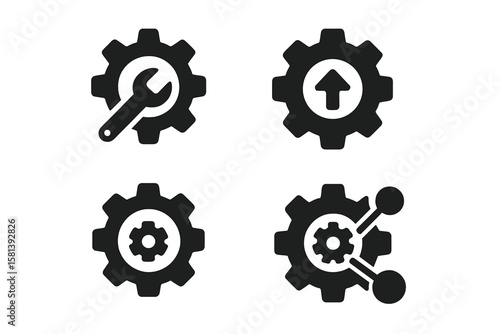 Gear and settings icon set of 4, vector glyph pictograms of cogwheel, wrench, optimization, system update, configuration, maintenance, automation concept, black icons