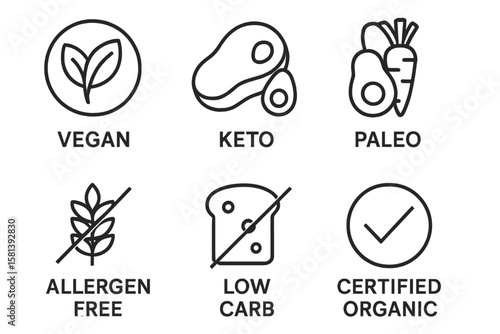 Healthy nutrition and dietary restriction food icons set, thin linear vector illustration, includes vegan, keto, paleo, allergen free, low carb, certified organic labels
