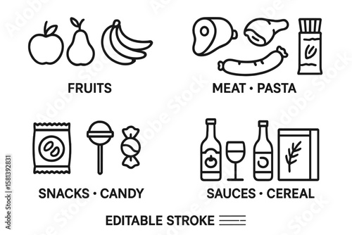 Grocery food and product categories line icon set with fruits, meat, pasta, snacks, candy, sauces, and cereal. Vector icons for grocery shopping and food groups.