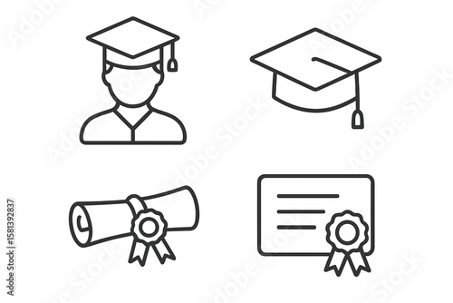Graduation line icon set of 4, vector pictograms of student, graduate, tassel, scroll, ribbon, diploma, certificate, thin linear illustration, academic achievement