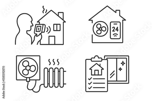 Home energy audit line icon set. Vector pictograms of heat loss inspection, HVAC, smart thermostat. Energy efficiency symbols: thermal camera, blower, radiator, report, window.