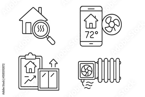 Home energy audit line icon set. Vector pictograms of heat loss inspection, HVAC system, smart thermostat, blower, radiator, efficiency report, and window upgrade symbols.