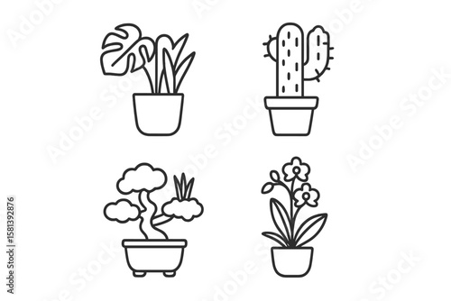 Houseplants line icon set of 4, vector pictograms of popular indoor plants including succulents, monstera, cactus, bonsai, aloe vera, orchid, philodendron, peace lily
