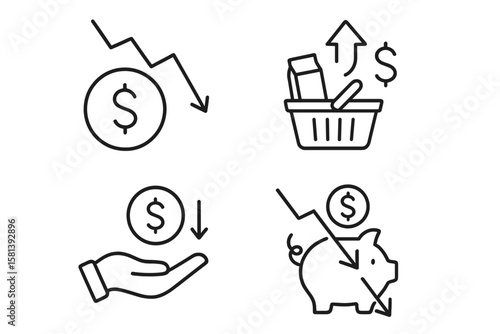 Inflation and Economic Instability Line Icon Set of 4, Vector Pictograms Illustrating Money Loss, Rising Prices, Decreasing Purchasing Power, Falling Savings, Financial Challenges