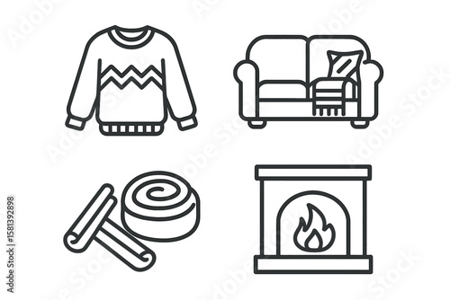Hygge Lifestyle Line Icon Set of 4 Cozy Comfort Living Vector Pictograms Warm Interiors Sweater Sofa Knitted Scarf Cinnamon Roll Rocking Chair Elements
