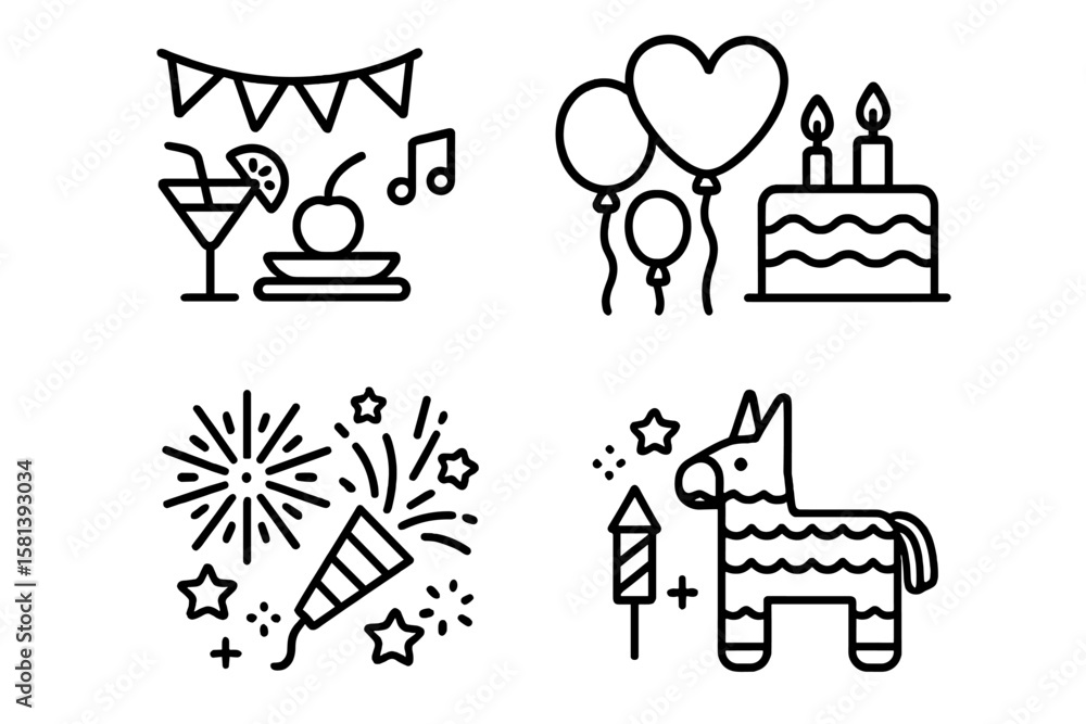 Naklejka premium Party celebration line icon set with decorations, food, drink, music, balloons, birthday cake, fireworks, and piñata. Thin linear vector pictograms for festive events
