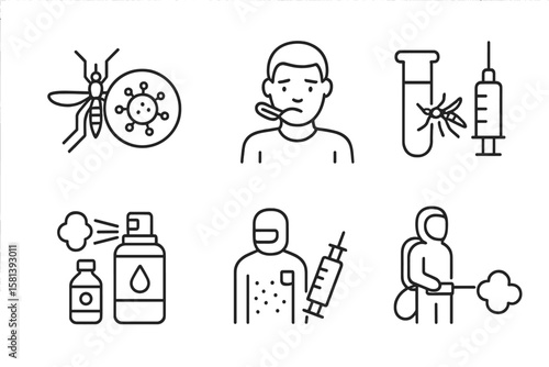 Mosquito Borne Diseases Line Icon Set, Vector Pictograms of Virus, Fever, Rash, Malaria, Dengue, Test, Vaccine, Injection, Symptoms, Spray, Repellent, Fumigation, Pest Control