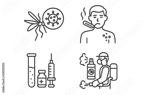 Mosquito borne diseases line icon set of 4, vector icons of virus, fever, rash, malaria, dengue, test, vaccine, injection, symptoms, spray, repellent, fumigation, control