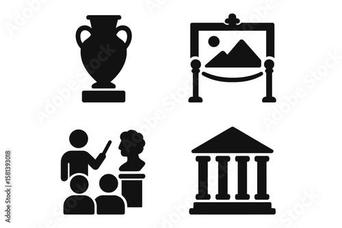 Museum History Icon Set of 4 – Vector Glyph Pictograms of Ancient Artifact, Art Painting, Sculpture Tour, Classical Statue, Architecture, Heritage, Archaeology, Exhibition