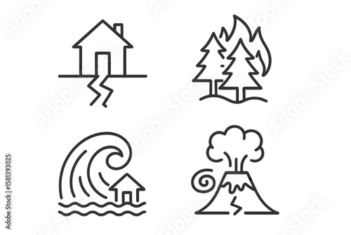 Natural disaster line icon set of 4, vector icons of extreme weather, catastrophes, earthquake, wildfire, tsunami, hurricane, tornado, volcanic eruption, emergency symbols
