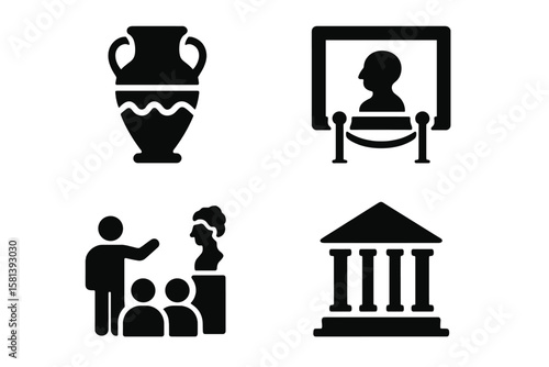 Museum and History Icon Set of 4 Vector Glyphs Featuring Artifact, Painting, Sculpture Tour, Statue, Ancient Architecture, Heritage, Archaeology, and Exhibition Black Pictograms