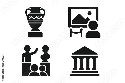 Museum and History Vector Icon Set of 4, Glyph Pictograms of Artifact, Painting, Sculpture Tour, Statue, Ancient Architecture, Heritage, Archaeology, Exhibition, Cultural Heritage