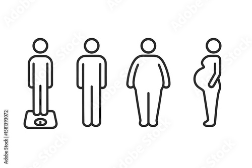 Body Weight Diversity Line Icons Set. Thin, Normal, Overweight, Pregnant Figure Pictograms. BMI, Health, Scale, Obesity, Underweight, Maternity, Wellness, Medical Linear Illustration