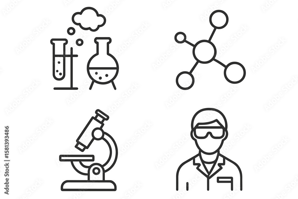 Science and chemistry laboratory line icon collection. Vector pictograms for scientific research, chemical experiments, lab equipment, molecule structure, microscope, scientist. Science and chemistry laboratory line icon collection. Vector pictograms for scientific research, chemical experiments, lab equipment, molecule structure, microscope, scientist.