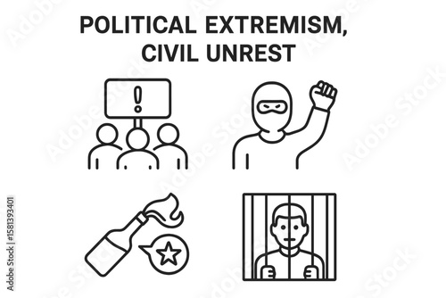 Political extremism and civil unrest vector icon set, 4 thin line pictograms depicting protest, rebellion, societal conflicts, propaganda, Molotov cocktail, and political prisoner concepts