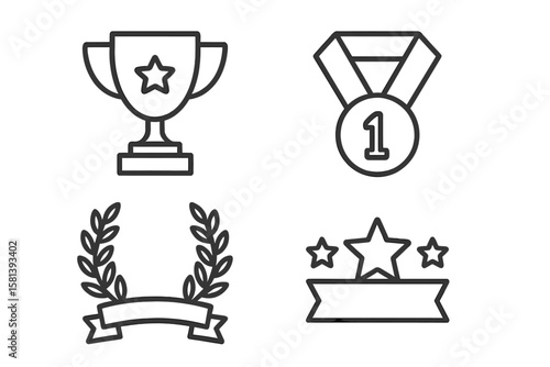Award line icon set. Champion trophy cup, first place medal, star rating, laurel wreath with ribbon banner. Vector achievement and victory symbols for a contest winner.