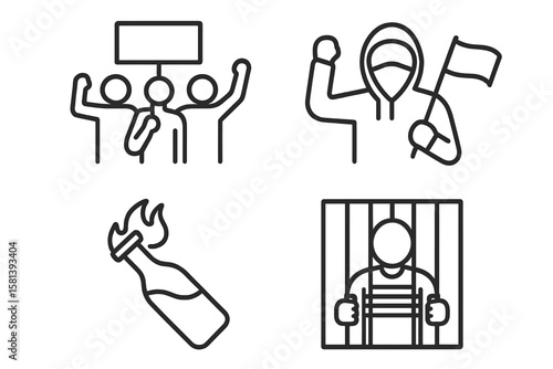 Political extremism and civil unrest line icon set of 4, vector icons of protest, rebellion, societal conflict, propaganda, Molotov cocktail, political prisoner