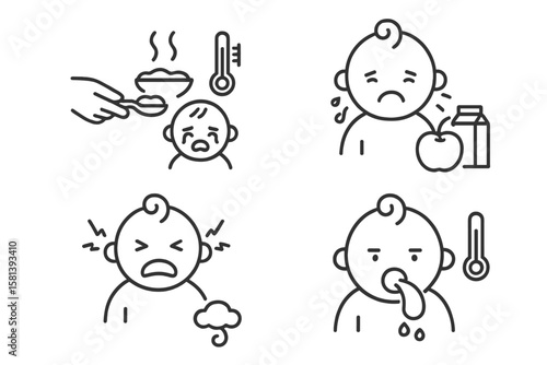 Baby feeding problems thin line icons. Vector icon set food allergy, colic, fever, reflux. Infant health care pictogram. Childhood illness, newborn digestion issues, discomfort.