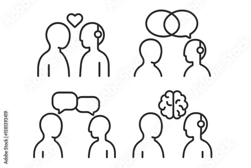 AI human relationship line icon set. Artificial intelligence love, communication, empathy, thought concept. Vector pictograms for future technology and social interaction.