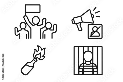 Political extremism, civil unrest, protest, rebellion, societal conflict, propaganda, Molotov cocktail, political prisoner, activism, resistance, thin line icon set
