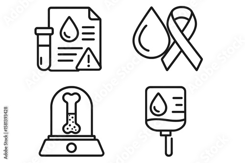 Anemia and blood disorder line icon set. Vector pictograms of blood test, bone marrow, plasma transfusion, and awareness ribbon for hematology and laboratory concepts.