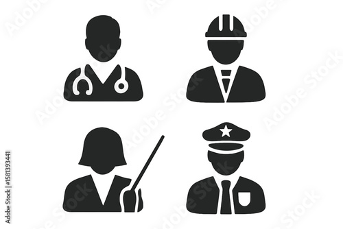 Profession occupation icon set of 4 vector glyph pictograms: doctor, engineer, teacher, police officer, career workforce business black silhouette job icons