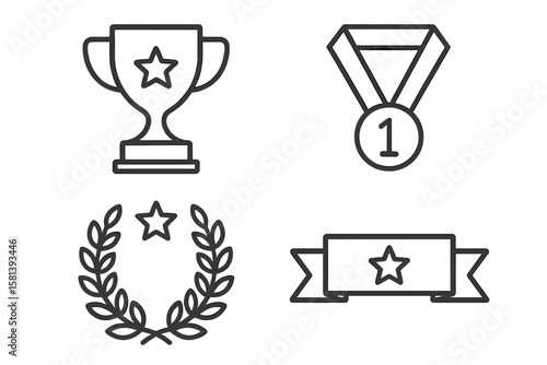 Award achievement line icon set. Vector pictograms of trophies, medals, victory symbols. Winner champion first place laurel wreath star banner thin linear illustration.