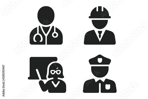 Profession Occupation Icon Set of 4 Vector Glyph Pictograms: Doctor, Engineer, Teacher, Police Officer, Career Workforce Business Black Silhouette Icons, Job Symbols