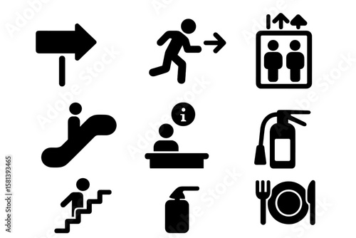 Public space wayfinding glyph icon set, vector pictograms of navigation, emergency, escalator, elevator, stairs, info desk, fire extinguisher, food court, black signs