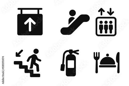 Public space wayfinding glyph icon set. Vector pictograms for building navigation, info, and emergency. Escalator, elevator, stairs, fire extinguisher, food court signs.