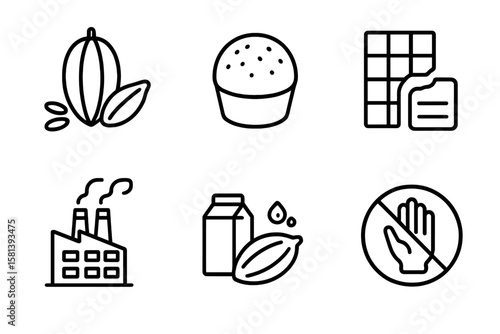 Chocolate production process line icon set. From cocoa bean to chocolate bar. Factory manufacturing, cacao processing, sweet dessert, ingredients, and food allergy symbol.