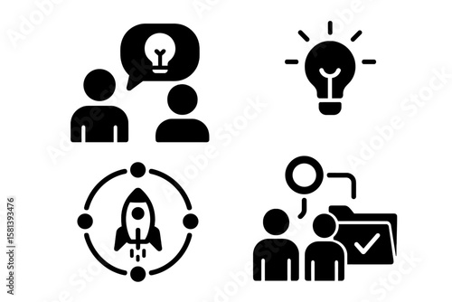 Project management glyph icon set of 4, vector icons of brainstorming, idea, rocket launch, collaboration, approval, folder, bug, black silhouette, teamwork, startup