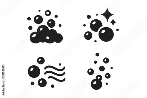 Bubble foam icon set of 4. Vector glyph pictograms. Water bubbles, sparkle, clean. Air movement, effervescent soda, underwater. Soap suds, laundry, shampoo bubbles.