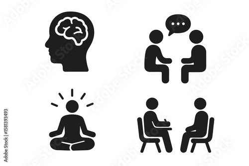 Mental Health and Psychology Icon Set – Brain, Therapy Session, Meditation, Counseling, Mindfulness, Emotional Well-being, Support Group, Vector Glyph Pictograms