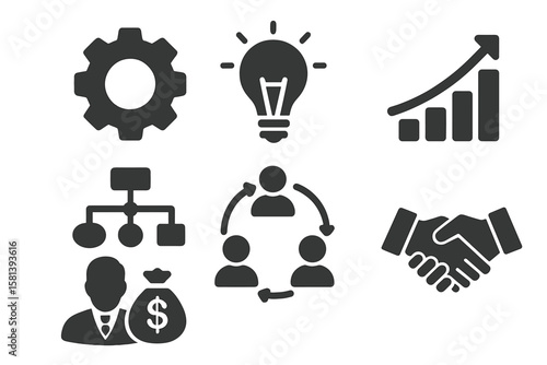 Startup business solid glyph icon set. Vector pictograms for innovation, idea, growth graph, flowchart, investor capital, teamwork feedback, handshake partnership deal.