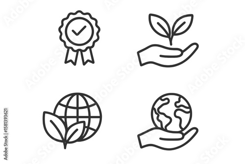 Ethical Practices and Sustainability Line Icon Set – Fair Trade, Eco-Friendly Initiatives, Global Responsibility, Thin Linear Vector Illustrations