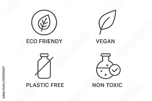 Eco friendly icon set. Thin line vector symbols for ethical products. Vegan, plastic free, non toxic, organic, certified, recyclable labels for sustainable packaging.
