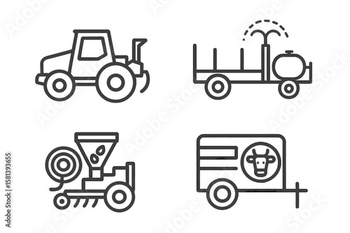 Agriculture and farming line icon set. Vector pictograms of farm transport and machinery. Tractor, irrigation trailer, seed drill, and livestock vehicle icons. Outline symbols.