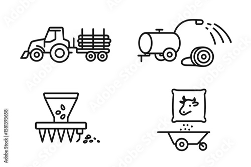 Agriculture line icon set. Farming equipment pictograms. Tractor with trailer, irrigation water tank, seed drill, livestock feed and fertilizer. Vector illustration for design.