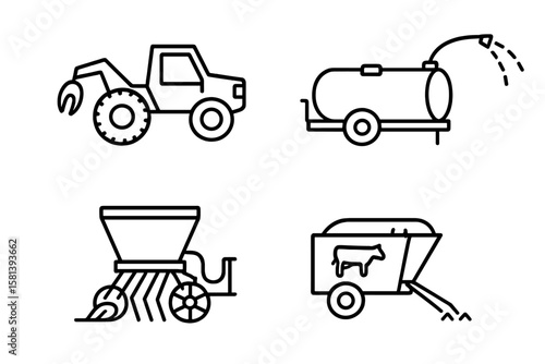 Agricultural and forestry vehicle line icon set. Vector pictograms of skidder, irrigation trailer, seed drill, and livestock transport. Farming machinery and equipment symbols.