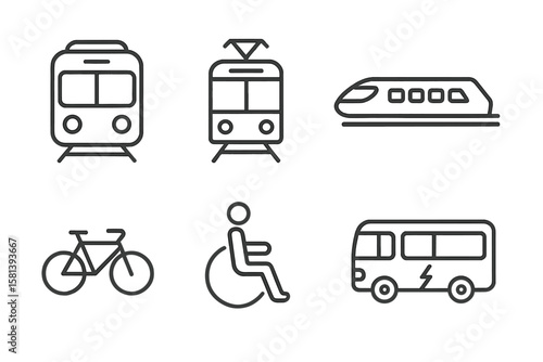 Public transport line icon set. Vector pictograms of metro, tram, high-speed train, electric bus, bicycle, and wheelchair accessibility symbol for urban mobility.