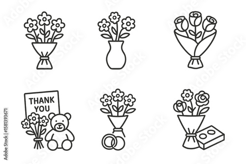 Flower Bouquet Service Icon Set. Vector Linear Pictograms of Floral Arrangements, Vase, Wrapped Roses, Thank You, Wedding, Birthday, Sympathy, Teddy Bear, Chocolate Box