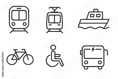 Public transport line icon set. Urban mobility pictograms. Vector symbols of metro, tram, ferry, bike, wheelchair access and electric bus. Thin linear illustration.