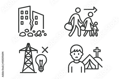 War consequences line icon set. Vector pictograms of destruction, building ruins, displacement, mass migration, family refugee, power outage, energy crisis, orphan.