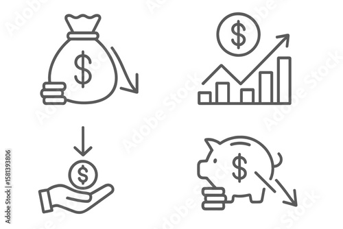 Inflation and Economic Instability Line Icon Set of 4, Vector Pictograms of Money Loss, Rising Prices, Decreasing Purchasing Power, Falling Savings, Financial Crisis