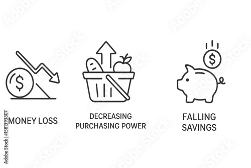Inflation and Economic Instability Line Icon Set of 4, Vector Pictograms of Money Loss, Rising Prices, Decreasing Purchasing Power, Falling Savings, Financial Challenges